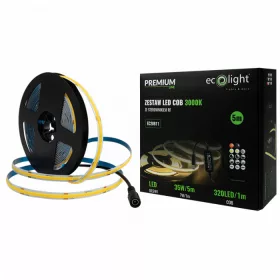   LED szalag COB 7W/m 630lm/m 320LED/m 24V 3000K Melegfényű IP20 5m-es tekercs + tápegység + Ecolight távirányító