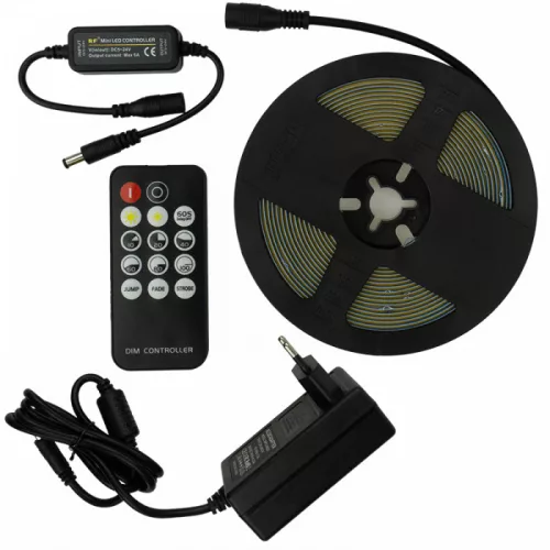 LED szalag COB 7W/m 630lm/m 320LED/m 24V 3000K Melegfényű IP20 5m-es tekercs + tápegység + Ecolight távirányító