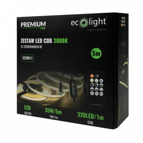 LED szalag COB 7W/m 630lm/m 320LED/m 24V 3000K Melegfényű IP20 5m-es tekercs + tápegység + Ecolight távirányító