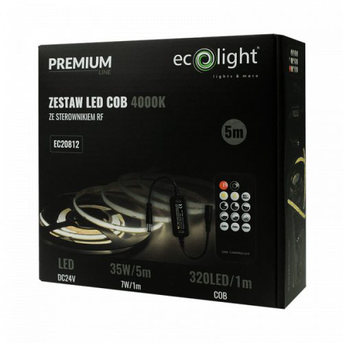 LED szalag COB 7W/m 630lm/m 320LED/m 24V 4000K Semleges IP20 5m Tekercs + Tápegység + Ecolight Távirányító