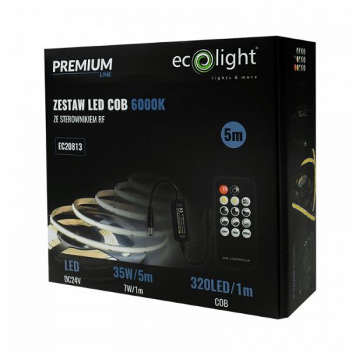 LED szalag COB 7W/m 630lm/m 320LED/m 24V 6000K Hidegfény IP20 5m-es tekercs + tápegység + Ecolight távirányító