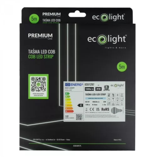 COB LED szalag 12W/m 1560lm/m 12V 6000K hideg fehér IP20 tekercs 5m Ecolight