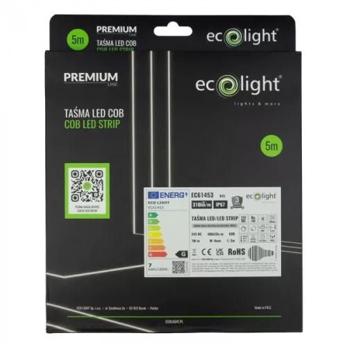 NEON COB LED szalag 7W/m 310lm/m 24V 4000K semleges fehér IP67 tekercs 5m Ecolight