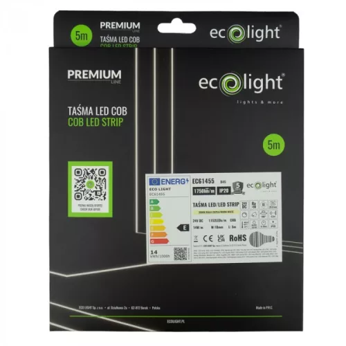 LED szalag COB 14W/m 1750lm/m 24V 3000K Melegfényű IP20 Tekercs 5m Ecolight