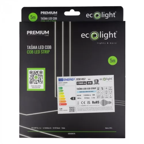 LED szalag COB 14W/m 1750lm/m 24V 6000K Hideg IP20 Tekercs 5m Ecolight
