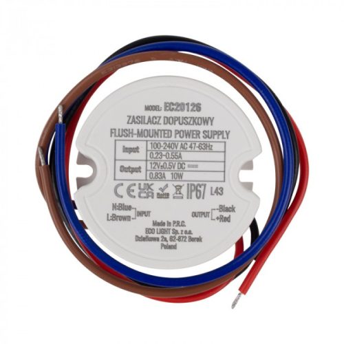 FI60 süllyesztett tápegység LED szalagokhoz 10W 12V 0.83A Hermetic IP67 Ecolight