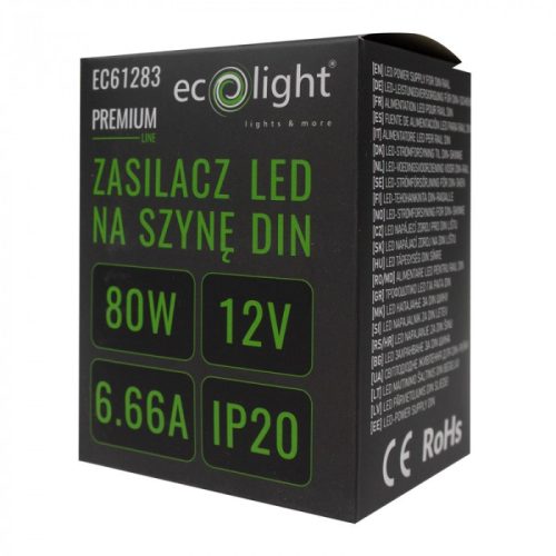 DIN sínre szerelhető tápegység LED szalagokhoz 80W 12V 6.66A IP20 PREMIUM Ecolight