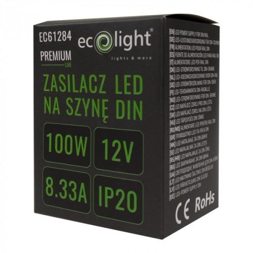 DIN sínre szerelhető tápegység LED szalagokhoz 100W 12V 8.33A IP20 PREMIUM Ecolight