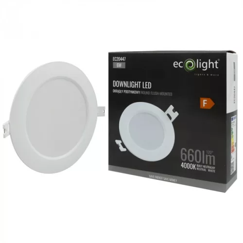 Süllyesztett mennyezeti LED panel lámpatest 6W 660lm 4000K semleges fehér 120° kerek fehér Downlight Ecolight