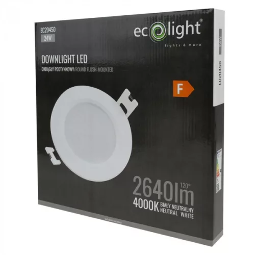 Süllyesztett mennyezeti LED panel lámpatest 24W 2640lm 4000K semleges fehér 120° kerek fehér Downlight Ecolight