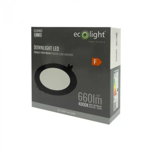 Süllyesztett mennyezeti LED panel lámpatest 6W 660lm 4000K semleges fehér 120° kerek fekete Downlight Ecolight
