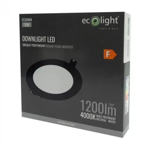 Süllyesztett mennyezeti LED panel lámpatest 12W 1200lm 4000K semleges fehér 120° kerek fekete Downlight Ecolight