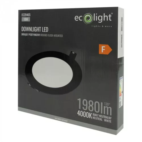 Süllyesztett mennyezeti LED panel lámpatest 18W 1980lm 4000K semleges fehér 120° kerek fekete Downlight Ecolight
