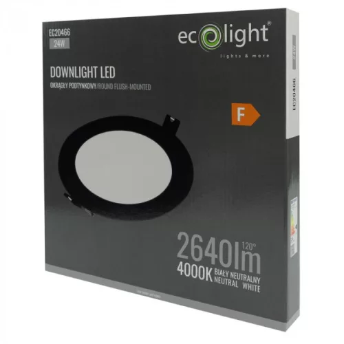 Süllyesztett mennyezeti LED panel lámpatest 24W 2640lm 4000K semleges fehér 120° kerek fekete Downlight Ecolight
