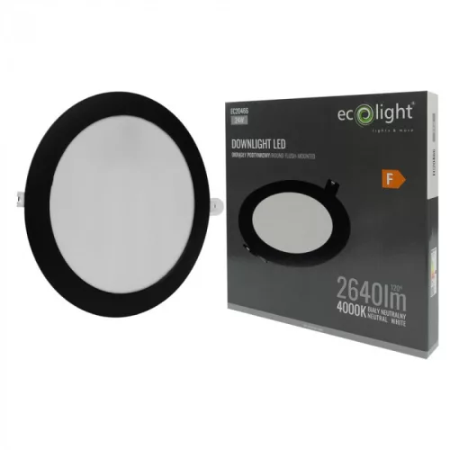 Süllyesztett mennyezeti LED panel lámpatest 24W 2640lm 4000K semleges fehér 120° kerek fekete Downlight Ecolight