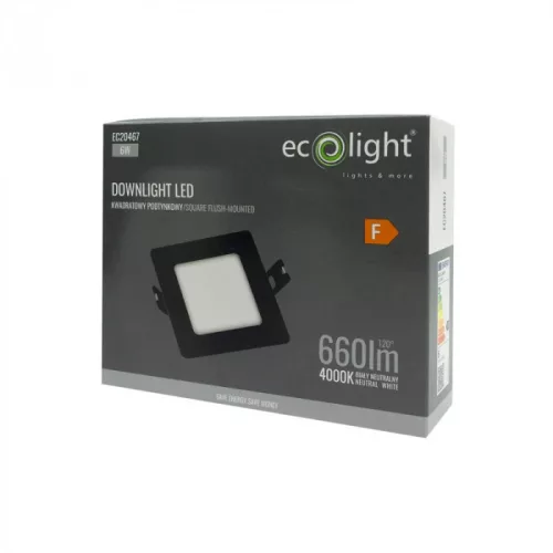 Süllyesztett mennyezeti LED panel lámpatest 6W 660lm 4000K semleges fehér 120° négyzet alakú fekete Downlight Ecolight