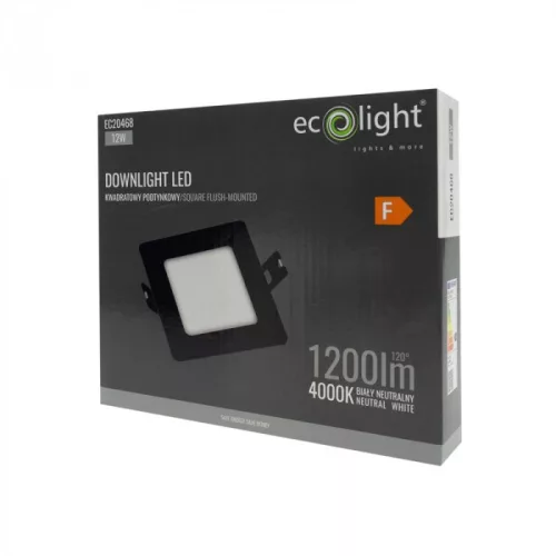 Süllyesztett mennyezeti LED panel lámpatest 12W 1200lm 4000K semleges fehér 120° négyzet alakú fekete Downlight Ecolight