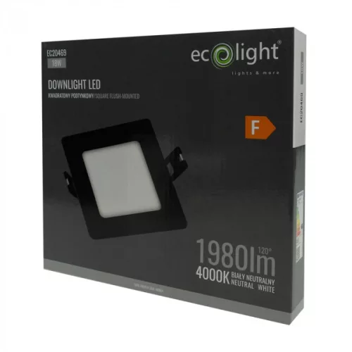 Süllyesztett mennyezeti LED panel lámpatest 18W 1980lm 4000K semleges fehér 120° négyzet alakú fekete Downlight Ecolight