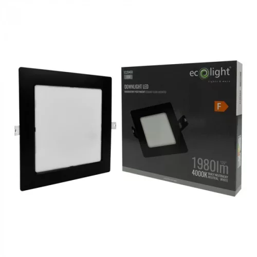 Süllyesztett mennyezeti LED panel lámpatest 18W 1980lm 4000K semleges fehér 120° négyzet alakú fekete Downlight Ecolight