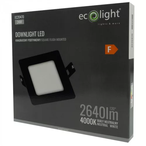 Süllyesztett mennyezeti LED panel lámpatest 24W 2640lm 4000K semleges fehér 120° négyzet alakú fekete Downlight Ecolight