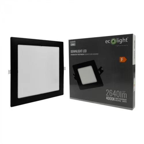 Süllyesztett mennyezeti LED panel lámpatest 24W 2640lm 4000K semleges fehér 120° négyzet alakú fekete Downlight Ecolight
