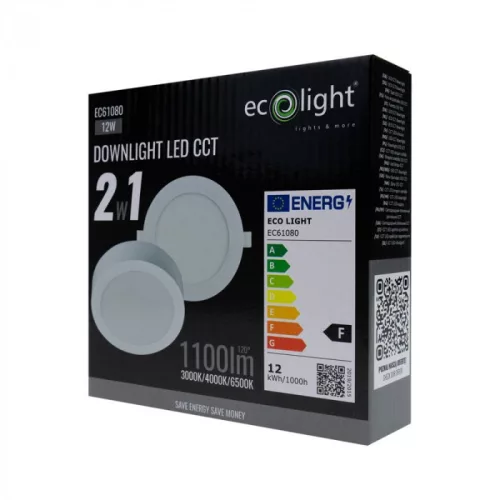 Süllyesztett / felületre szerelhető LED panel lámpatest 2w1 12W 1100lm CCT kerek fehér Downlight Ecolight