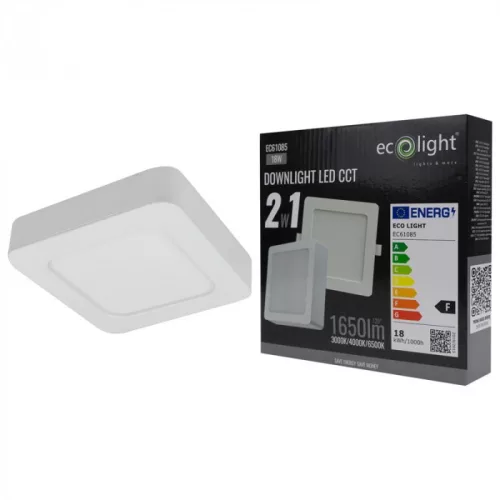 Süllyesztett / felületre szerelhető LED panel lámpatest 2w1 18W 1650lm CCT négyzet alakú fehér Downlight Ecolight