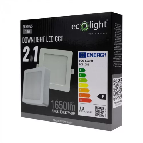 Süllyesztett / felületre szerelhető LED panel lámpatest 2w1 18W 1650lm CCT négyzet alakú fehér Downlight Ecolight