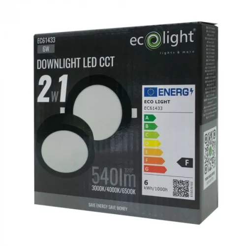 Süllyesztett / felületre szerelhető LED panel lámpatest 2w1 6W 540lm CCT kerek fekete Downlight Ecolight
