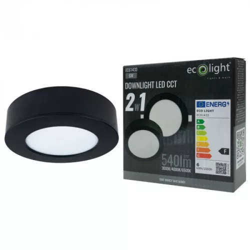 Süllyesztett / felületre szerelhető LED panel lámpatest 2w1 6W 540lm CCT kerek fekete Downlight Ecolight
