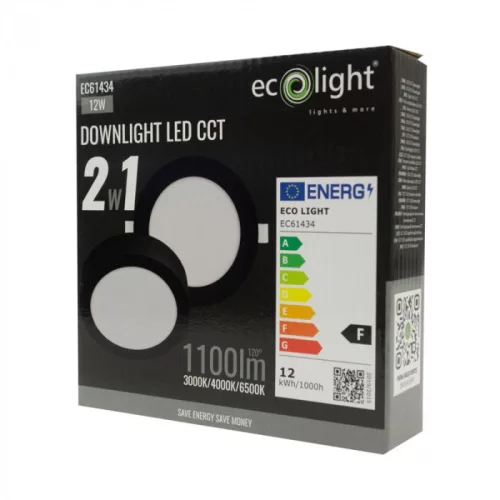 Süllyesztett / felületre szerelhető LED panel lámpatest 2w1 12W 1100lm CCT kerek fekete Downlight Ecolight