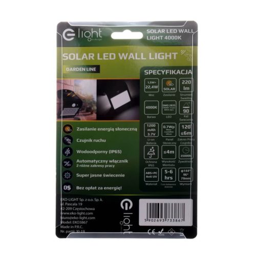 Napelemes kerti lámpa BUTTERFLY LED fali lámpa IP65 1.5W 4000K érzékelő fekete Eco-Light
