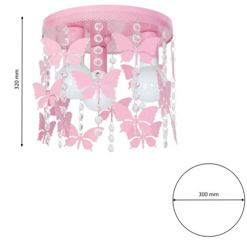 Gyermek mennyezeti lámpa púder rózsaszín ANGELICA Butterfly csillár 3x E27 Fém és kristályok Milagro