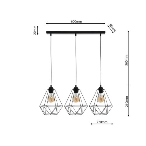 Függesztett lámpa KOSÁR 3xE27 Geometrikus Forma Loft Fekete Kosár Diamond MLP7215 Fém