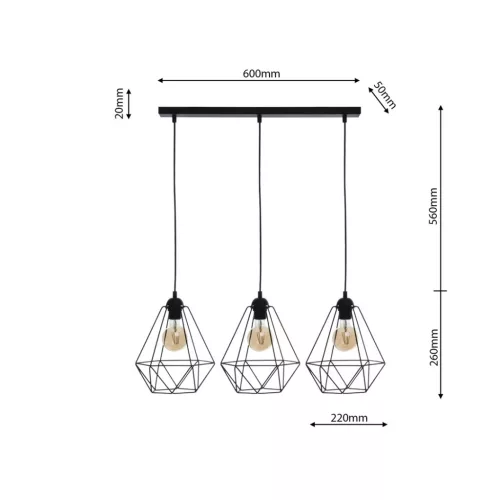 Függesztett lámpa KOSÁR 3xE27 Geometrikus Forma Loft Fekete Kosár Diamond MLP7215 Fém