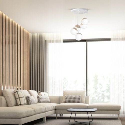 SFERA függőlámpa 5xE14 fehér fagolyók Részletek MLP5426 Milagro fém + fa + üveg