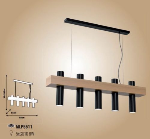 WEST függőlámpa fekete 5xGU10 MILAGRO geometrikus fém + fa skandináv stílusban