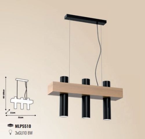 WEST mennyezeti függesztett lámpa fekete 3x GU10 MILAGRO fém + fa skandináv stílusban