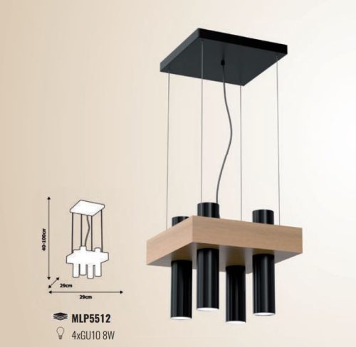 WEST mennyezeti függesztett lámpa fekete 4xGU10 MILAGRO négyzet alakú fém + fa skandináv stílusban