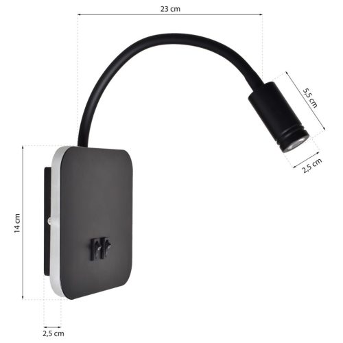 BASE 8W + 2W Rugalmas fekete Milagro fali éjjeli lámpa