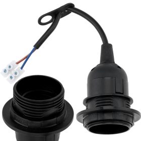   Építőipari felújítási lámpatartó E27 izzóhoz, rögtönzött kábellel és sorkapcsokkal, fekete