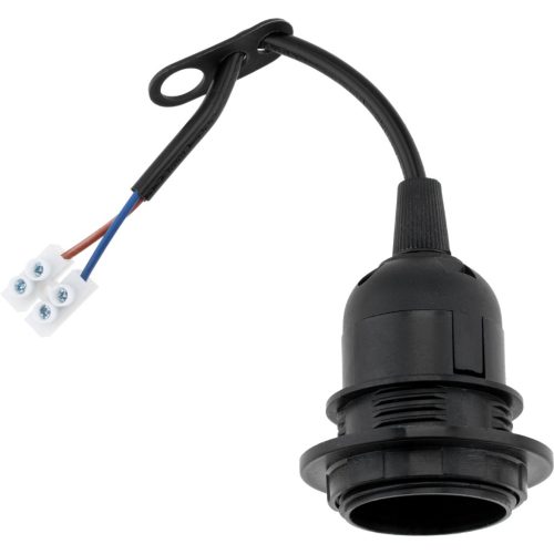 Építőipari felújítási lámpatartó E27 izzóhoz, rögtönzött kábellel és sorkapcsokkal, fekete