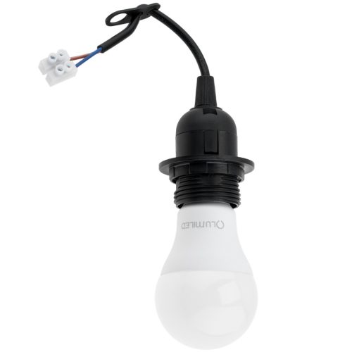 Építőipari felújítási lámpatartó E27 izzóhoz, rögtönzött kábellel és sorkapcsokkal, fekete