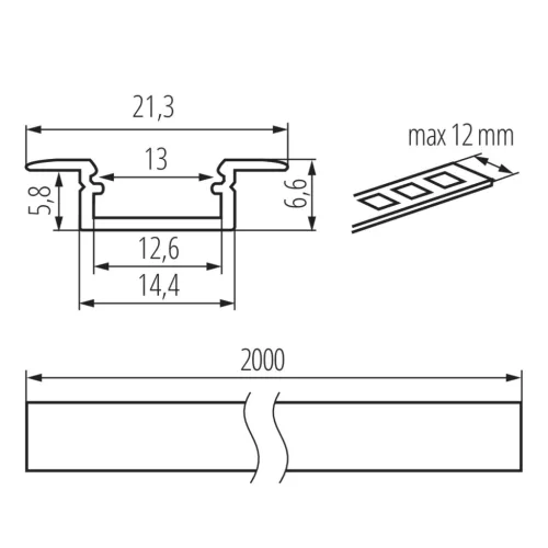 Alumínium süllyesztett profil PROFILO KW 2m Fehér KANLUX