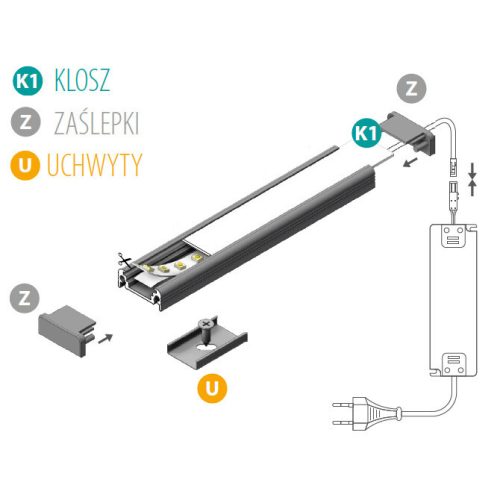 Felületre szerelt alumínium profil PROFILO D 1m Silver matt ernyővel és KANLUX végzárókkal