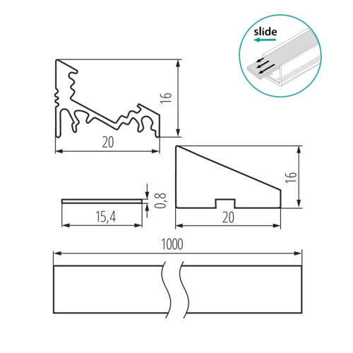 Felületre szerelhető sarok alumínium profil PROFILO C 1m Silver matt ernyővel és KANLUX végzárókkal