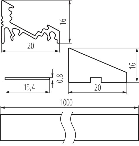 Felületre szerelhető sarok alumínium profil PROFILO C 1m Silver matt ernyővel és KANLUX végzárókkal