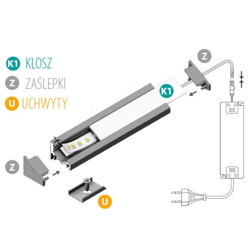 Felületre szerelhető sarok alumínium profil PROFILO C 1m Silver matt ernyővel és KANLUX végzárókkal