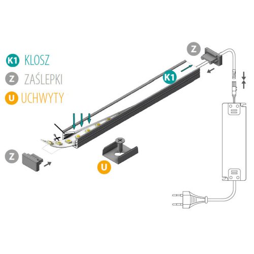 Felületre szerelt alumínium profil PROFILO B 1m Silver matt ernyővel és KANLUX végzárókkal