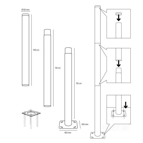 Összecsukható világítóoszlop kültéri lámpákhoz SG 3m Fi 60mm fekete Kobi
